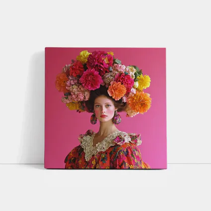 Woman Floral Headdress Pink Background Fashion Portrait