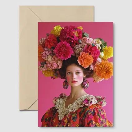 Woman Floral Headdress Pink Background Fashion Portrait
