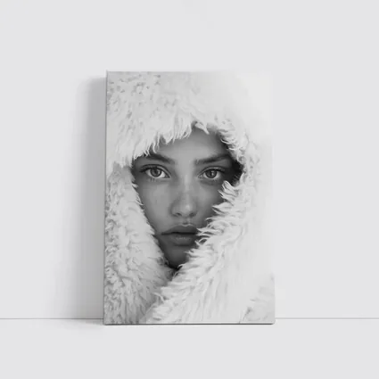 Young Woman Framed in Fluffy White Hood