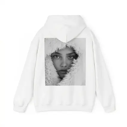 Young Woman Framed in Fluffy White Hood