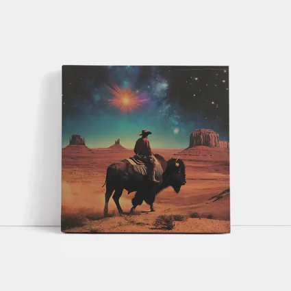 Cowboy Riding Bison Desert Galaxy Sky