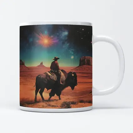 Cowboy Riding Bison Desert Galaxy Sky