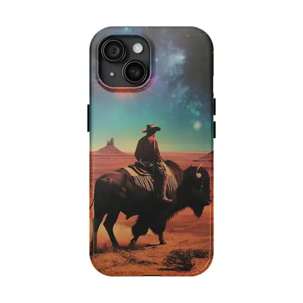 Cowboy Riding Bison Desert Galaxy Sky