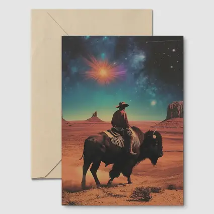 Cowboy Riding Bison Desert Galaxy Sky