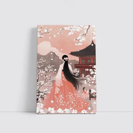 Korean Hanbok Woman Cherry Blossom Temple