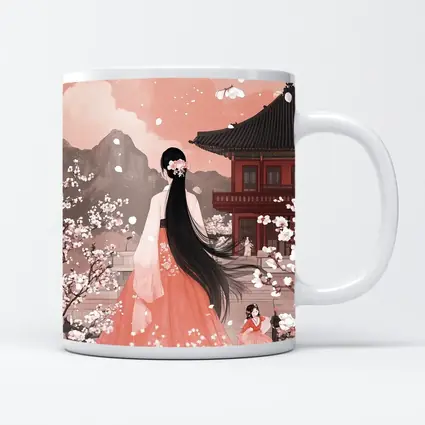 Korean Hanbok Woman Cherry Blossom Temple
