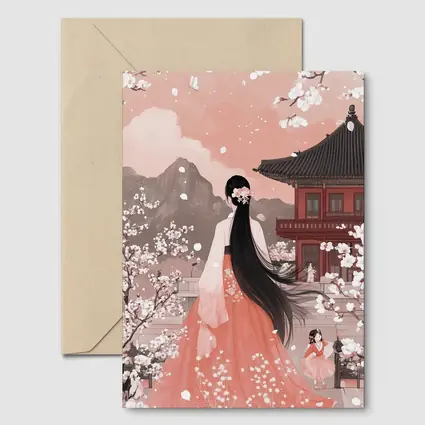 Korean Hanbok Woman Cherry Blossom Temple