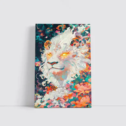 White Lion Glowing Eyes Floral Fantasy Art