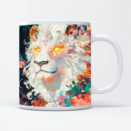 White Lion Glowing Eyes Floral Fantasy Art