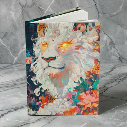 White Lion Glowing Eyes Floral Fantasy Art