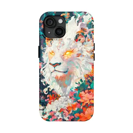 White Lion Glowing Eyes Floral Fantasy Art