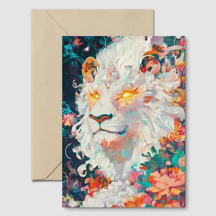 White Lion Glowing Eyes Floral Fantasy Art