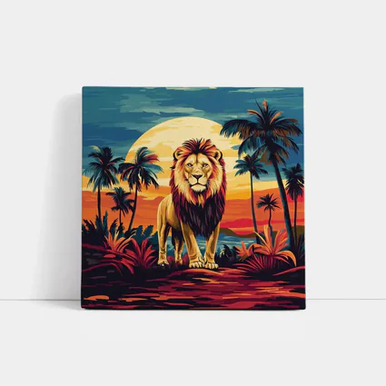 Lion Standing Tropical Sunset Palm Trees
