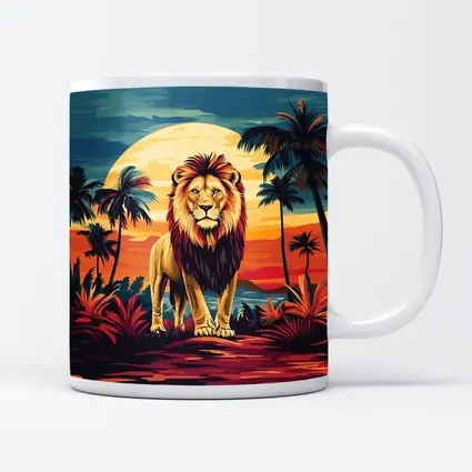 Lion Standing Tropical Sunset Palm Trees