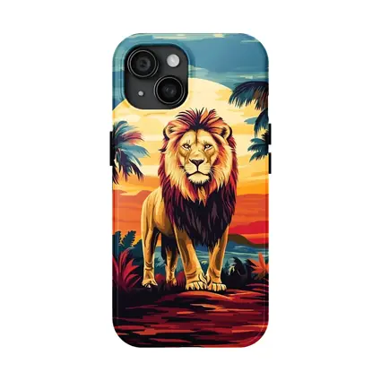 Lion Standing Tropical Sunset Palm Trees