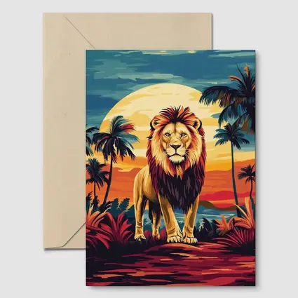 Lion Standing Tropical Sunset Palm Trees