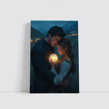 Couple Embracing Glowing Orb Mountain Village Night