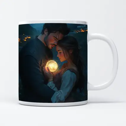 Couple Embracing Glowing Orb Mountain Village Night