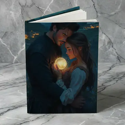 Couple Embracing Glowing Orb Mountain Village Night