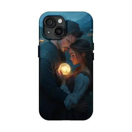 Couple Embracing Glowing Orb Mountain Village Night