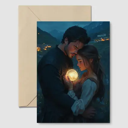 Couple Embracing Glowing Orb Mountain Village Night