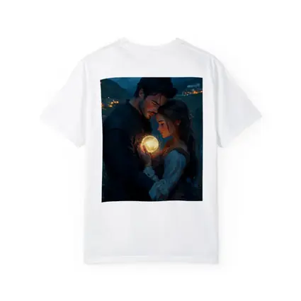 Couple Embracing Glowing Orb Mountain Village Night