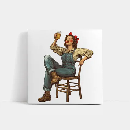 Retro Woman Toasting Beer In Overalls