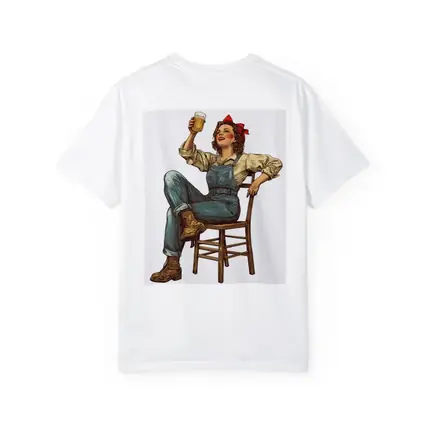 Retro Woman Toasting Beer In Overalls