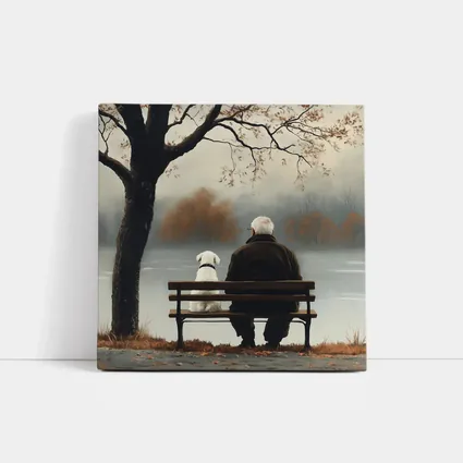 Old Man And Dog Bench Lake Autumn