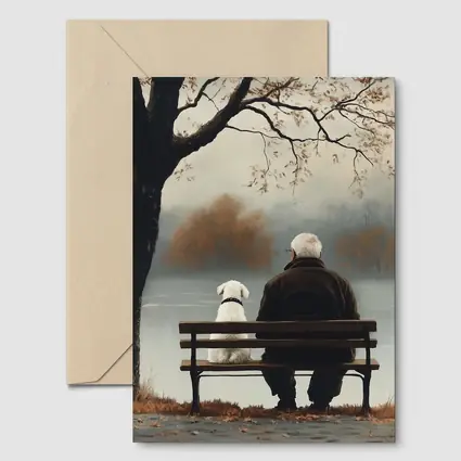 Old Man And Dog Bench Lake Autumn