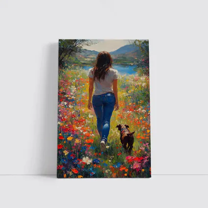 Woman Walking Dog Through Colorful Wildflower Field