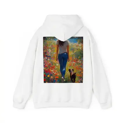 Woman Walking Dog Through Colorful Wildflower Field