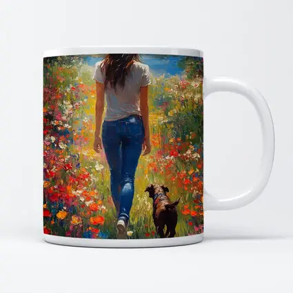 Woman Walking Dog Through Colorful Wildflower Field