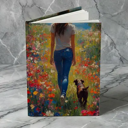 Woman Walking Dog Through Colorful Wildflower Field