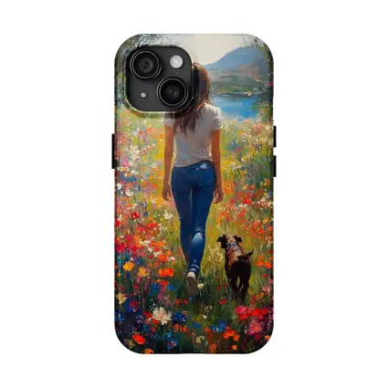 Woman Walking Dog Through Colorful Wildflower Field