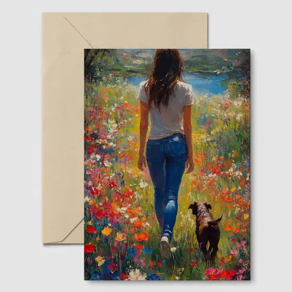 Woman Walking Dog Through Colorful Wildflower Field