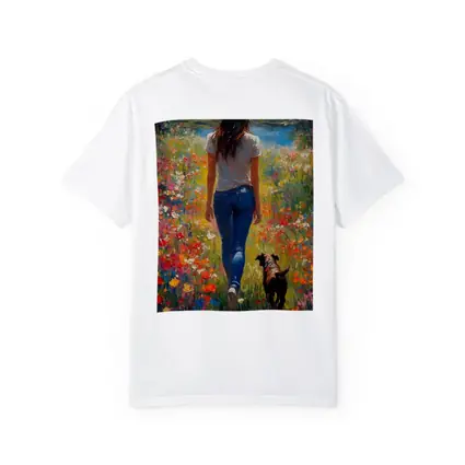 Woman Walking Dog Through Colorful Wildflower Field