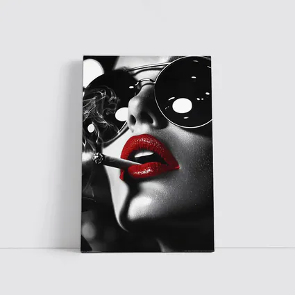 Woman Red Lips Sunglasses Black White