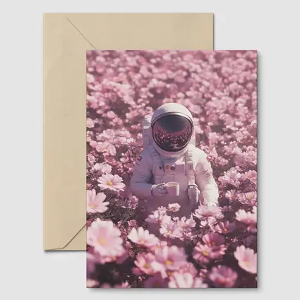 Astronaut Sitting In Pink Flower Field