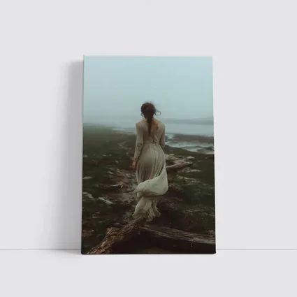 Woman in White Dress Foggy Coastal Landscape
