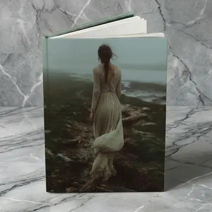 Woman in White Dress Foggy Coastal Landscape