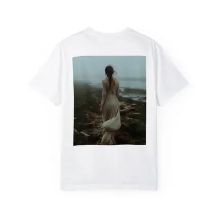 Woman in White Dress Foggy Coastal Landscape