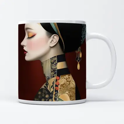 Asian Woman Portrait Illustration Dark Red Background