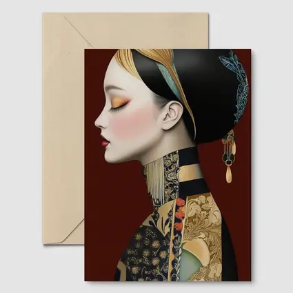 Asian Woman Portrait Illustration Dark Red Background