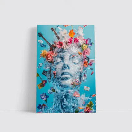 Ice Sculpture Head Flowers Guitars Blue Background