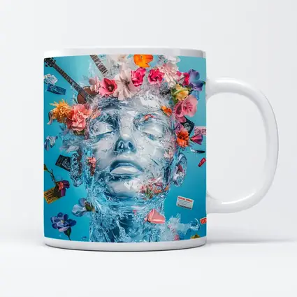 Ice Sculpture Head Flowers Guitars Blue Background