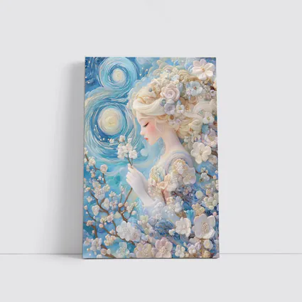 Blonde Girl Cherry Blossoms Swirling Blue Sky