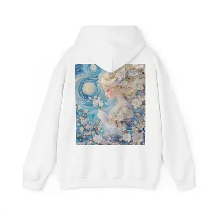 Blonde Girl Cherry Blossoms Swirling Blue Sky
