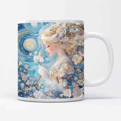 Blonde Girl Cherry Blossoms Swirling Blue Sky