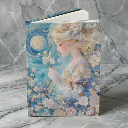 Blonde Girl Cherry Blossoms Swirling Blue Sky